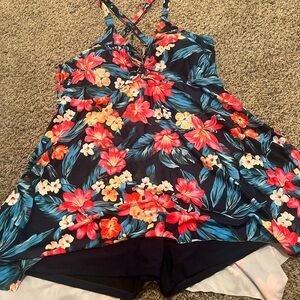 Red and Yellow Asymmetrical Floral One Piece Swim